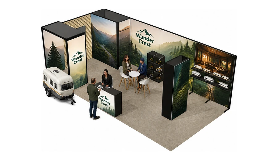 Stoisko 8 × 4 m narożne lewe dla branży caravaning i kampery, przykładowa marka Wander Crest