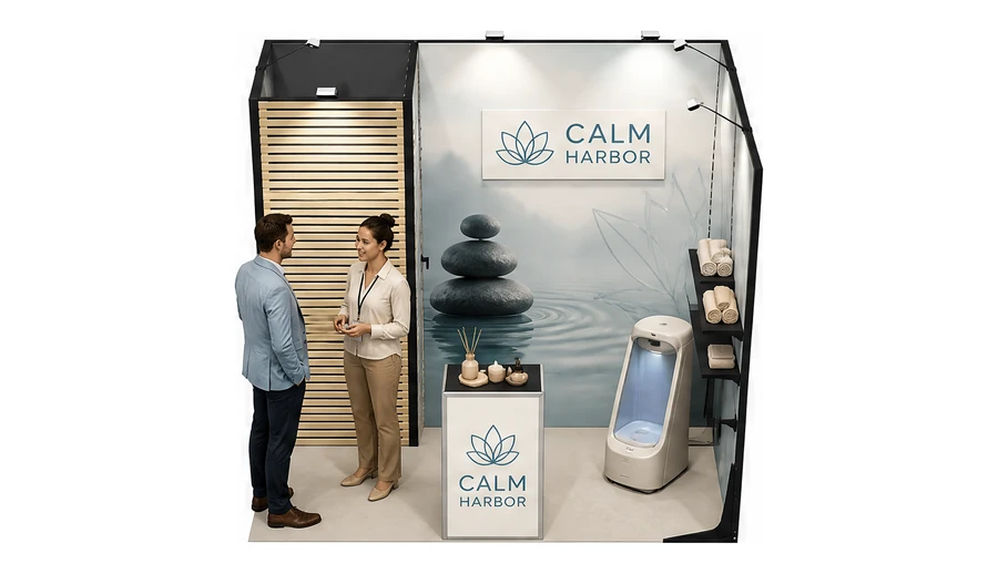 Stoisko 3 × 2 m narożne prawe dla branży spa i wellness, przykładowa marka Calm Harbor