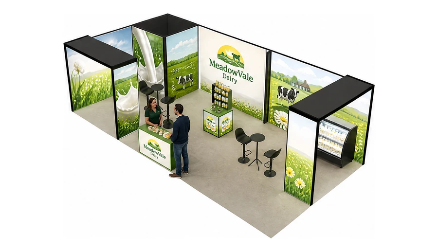 Stoisko 10 × 5 m narożne lewe dla branży nabiał i mleczarstwo, przykładowa marka MeadowVale Dairy