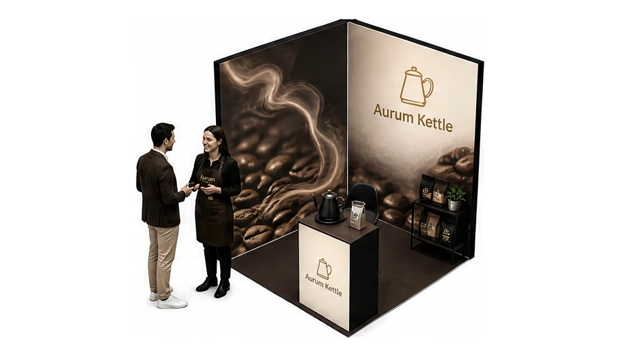 Stoisko 2 × 2 m narożne lewe dla branży palarnia kawy, przykładowa marka Aurum Kettle