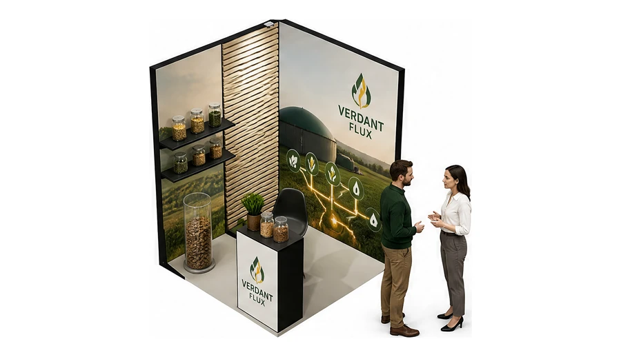 Stoisko 2 × 2 m narożne lewe dla branży biogaz i OZE, przykładowa marka Verdant Flux