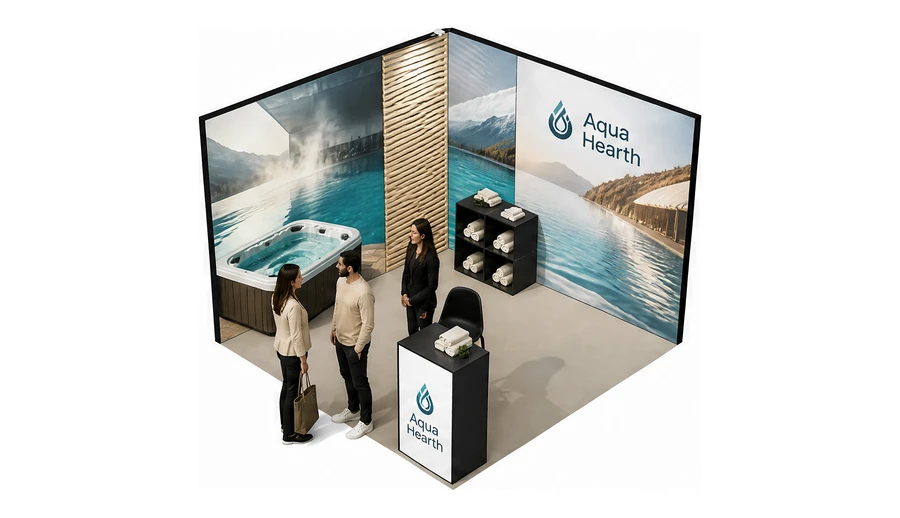 Stoisko 3 × 3 m narożne lewe dla branży baseny i sauny, przykładowa marka Aqua Hearth