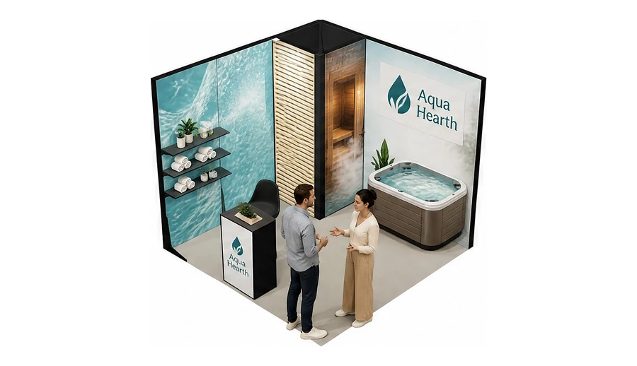 Stoisko 3 × 3 m narożne lewe dla branży baseny i sauny, przykładowa marka Aqua Hearth