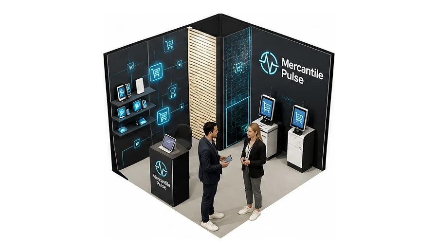 Stoisko 3 × 3 m narożne lewe dla branży technologie dla handlu, przykładowa marka Mercantile Pulse