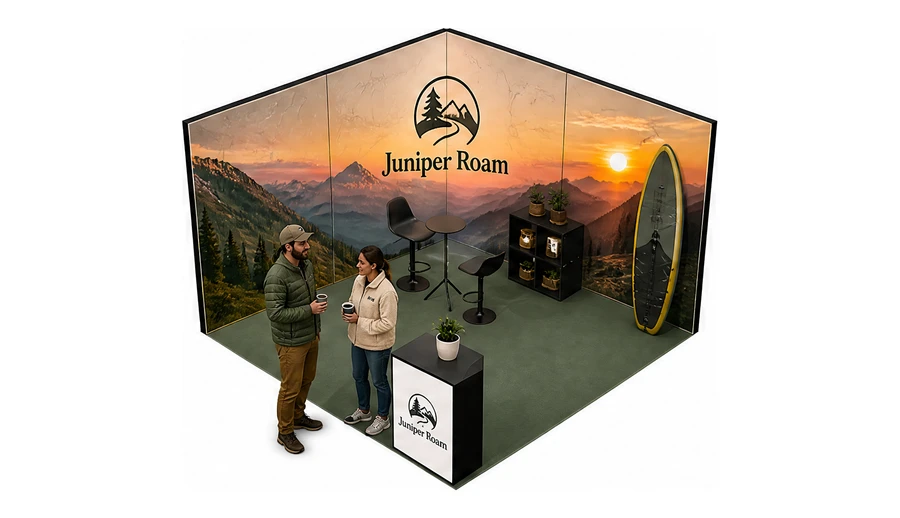 Stoisko 4 × 4 m narożne lewe dla branży caravaning i kampery, przykładowa marka Juniper Roam