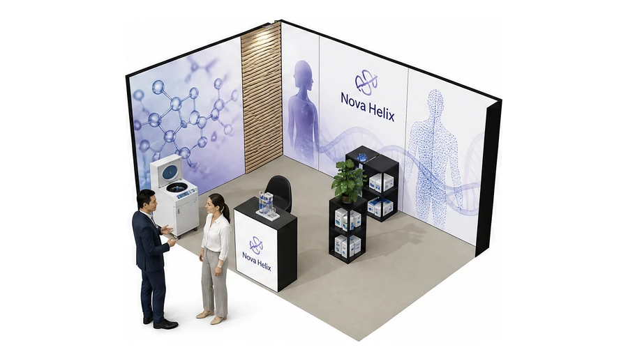 Stoisko 5 × 3 m narożne lewe dla branży farmacja i biotechnologia, przykładowa marka Nova Helix