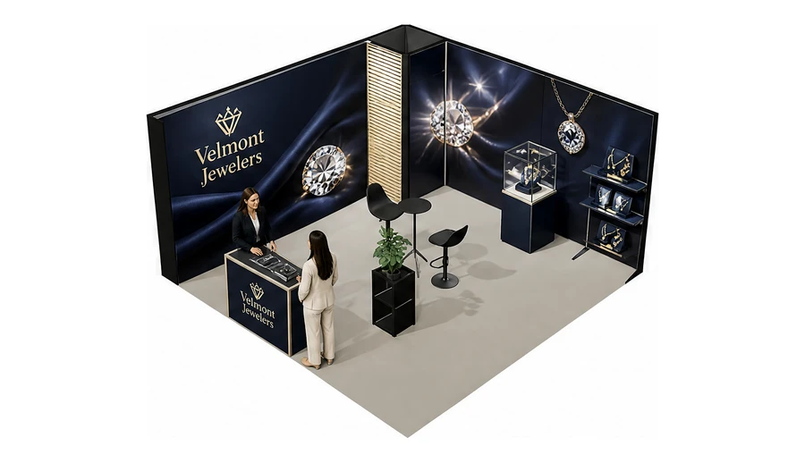 Stoisko 5 × 5 m narożne lewe dla branży biżuteria, przykładowa marka Velmont Jewelers