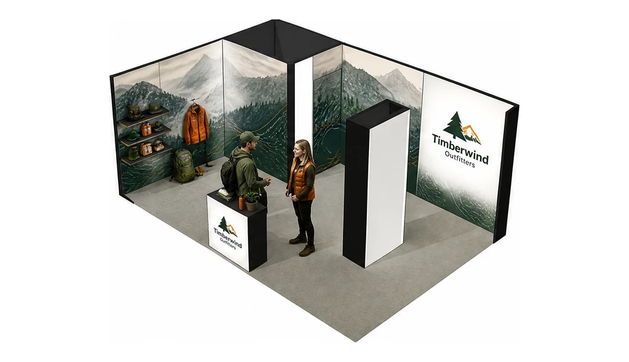 Stoisko 6 × 4 m narożne lewe dla branży odzież i sprzęt outdoorowy, przykładowa marka Timberwind Outfitters