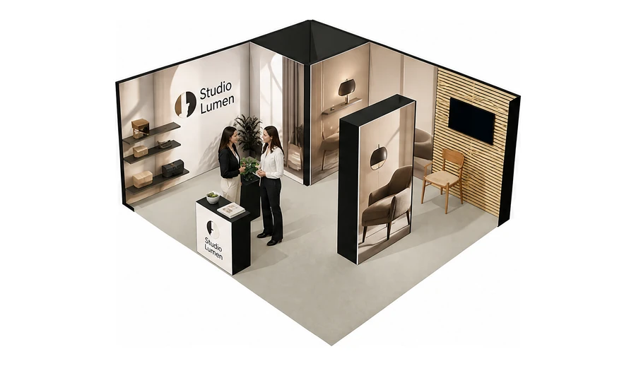 Stoisko 6 × 5 m narożne lewe dla branży meble designerskie, przykładowa marka Studio Lumen