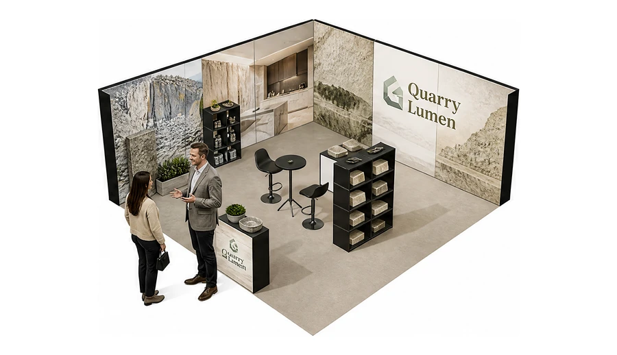 Stoisko 6 × 6 m narożne lewe dla branży kamień i kamieniarstwo, przykładowa marka Quarry Lumen