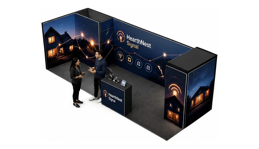 Stoisko 8 × 3 m narożne lewe dla branży smart home i IoT, przykładowa marka HearthNest Signal