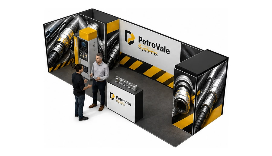 Stoisko 8 × 3 m narożne lewe dla branży stacje paliw, przykładowa marka PetroVale Systems