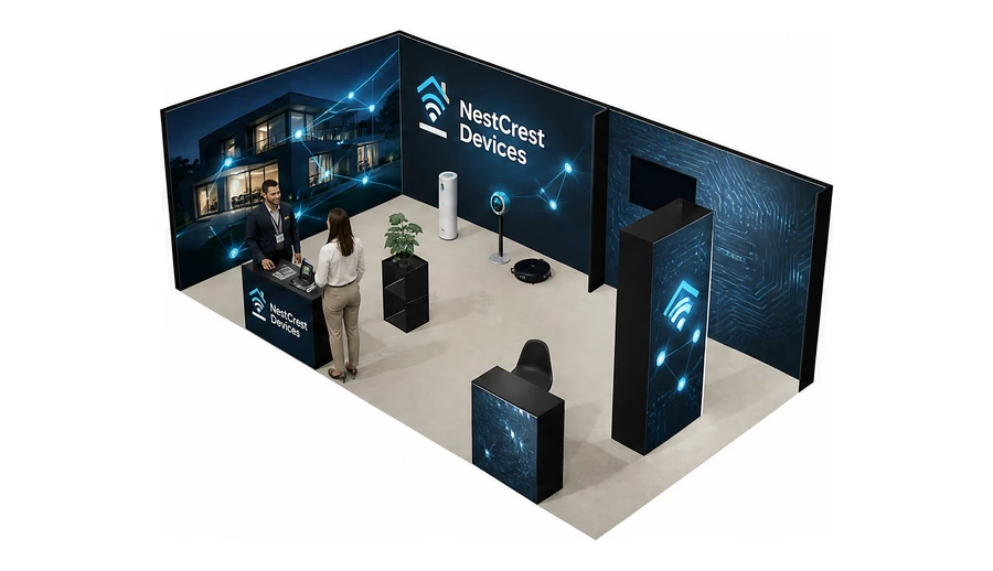 Stoisko 8 × 4 m narożne lewe dla branży smart home i IoT, przykładowa marka NestCrest Devices
