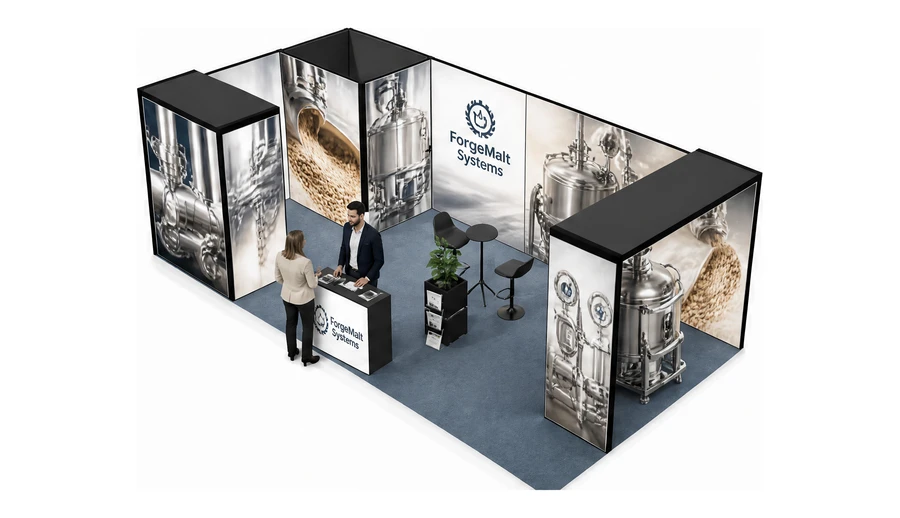 Stoisko 8 × 4 m narożne lewe dla branży technologie spożywcze, przykładowa marka ForgeMalt Systems