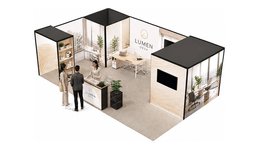 Stoisko 8 × 5 m narożne lewe dla branży meble biurowe, przykładowa marka Lumen Desk
