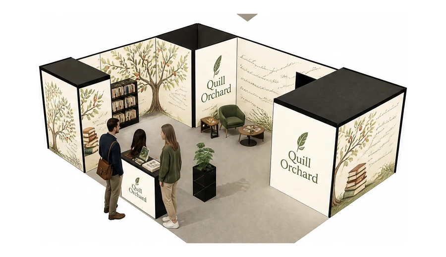 Stoisko 8 × 6 m narożne lewe dla branży wydawnictwa, przykładowa marka Quill Orchard