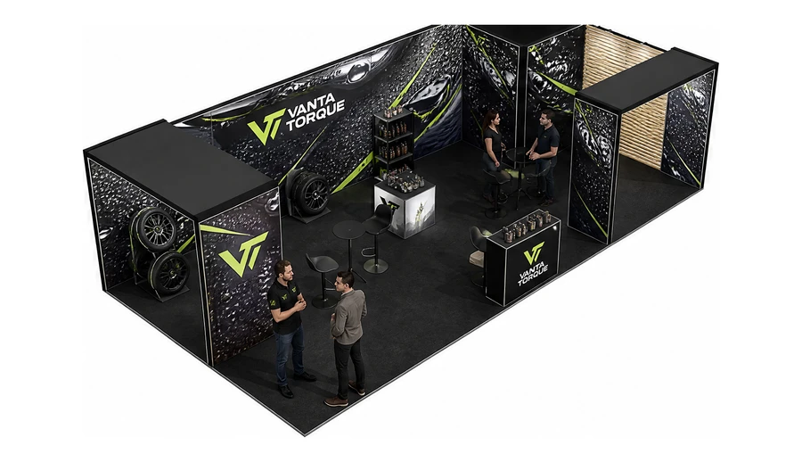 Stoisko 10 × 5 m narożne prawe dla branży tuning i detailing, przykładowa marka Vanta Torque