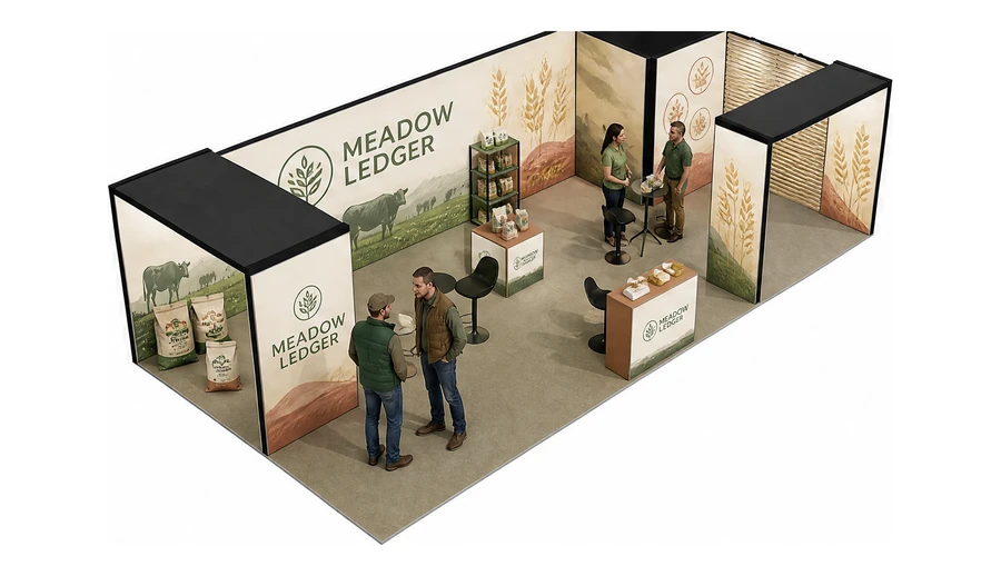 Stoisko 10 × 5 m narożne prawe dla branży hodowla i pasze, przykładowa marka Meadow Ledger