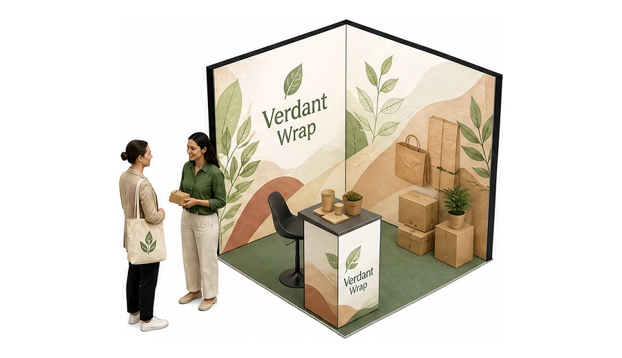 Stoisko 2 × 2 m narożne prawe dla branży opakowania ekologiczne, przykładowa marka Verdant Wrap