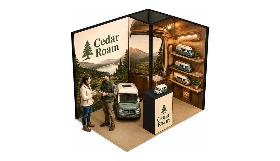Stoisko 3 × 2 m narożne prawe dla branży caravaning i kampery, przykładowa marka Cedar Roam