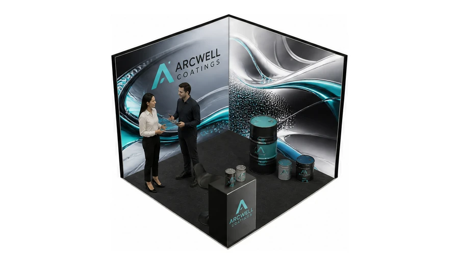 Stoisko 3 × 3 m narożne prawe dla branży chemia przemysłowa i powłoki, przykładowa marka Arcwell Coatings