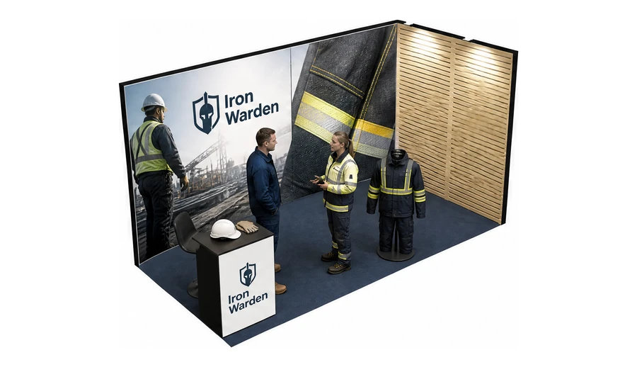 Stoisko 4 × 2 m narożne prawe dla branży BHP i odzież ochronna, przykładowa marka Iron Warden
