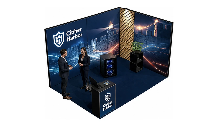 Stoisko 4 × 3 m narożne prawe dla branży cyberbezpieczeństwo, przykładowa marka Cipher Harbor