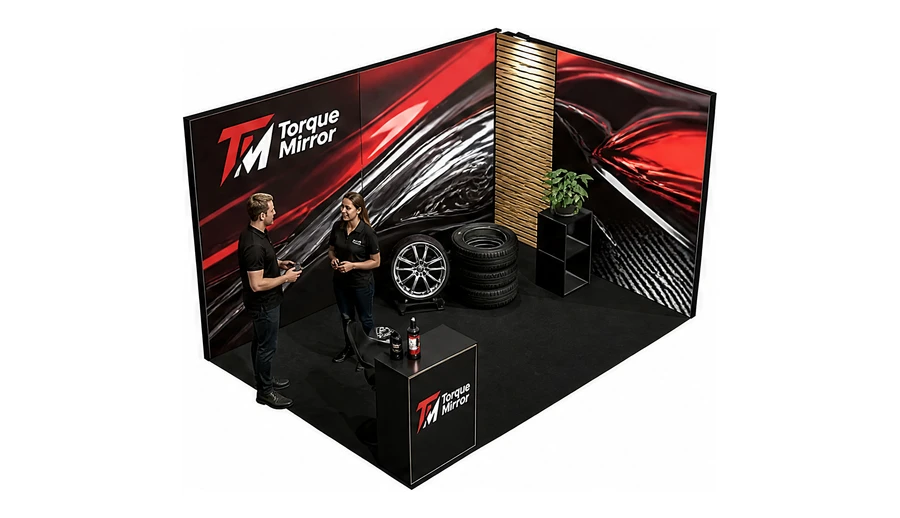 Stoisko 4 × 3 m narożne prawe dla branży tuning i detailing, przykładowa marka Torque Mirror