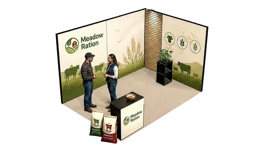 Stoisko 4 × 3 m narożne prawe dla branży hodowla i pasze, przykładowa marka Meadow Ration