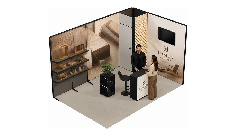 Stoisko 5 × 3 m narożne prawe dla branży meble designerskie, przykładowa marka Lumen Joinery
