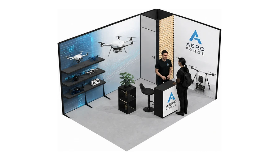 Stoisko 5 × 3 m narożne prawe dla branży drony i robotyka, przykładowa marka Aero Forge