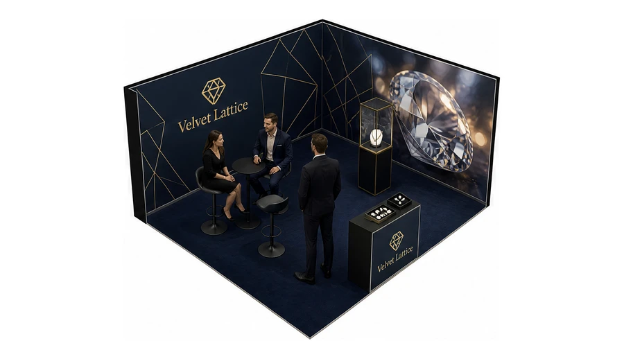 Stoisko 5 × 4 m narożne prawe dla branży biżuteria, przykładowa marka Velvet Lattice