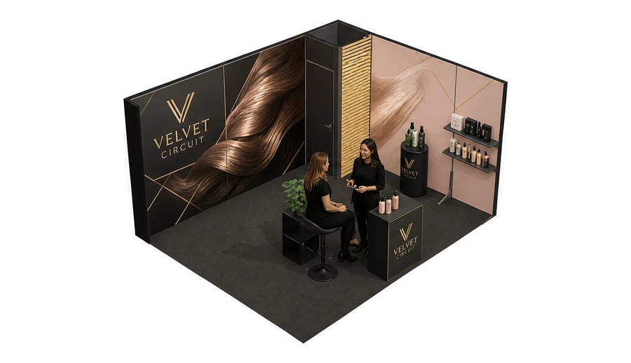 Stoisko 5 × 4 m narożne prawe dla branży fryzjerstwo i salony beauty, przykładowa marka Velvet Circuit