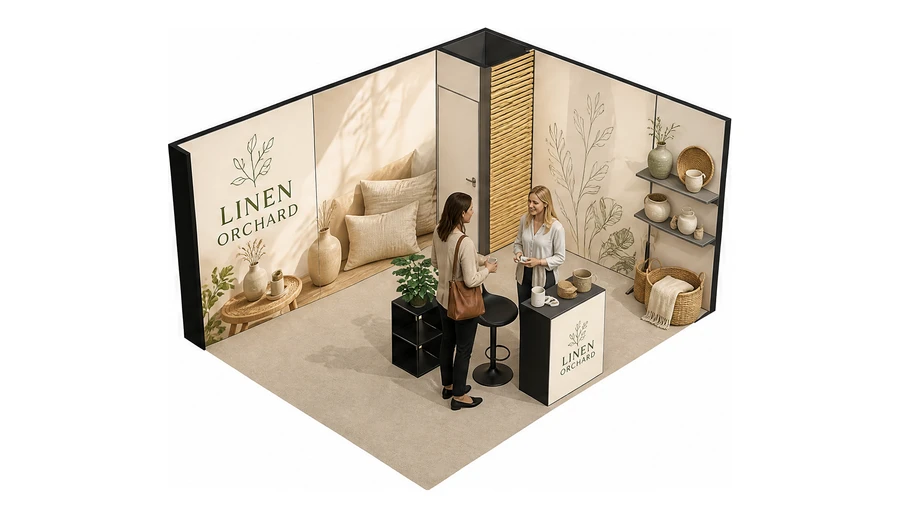 Stoisko 5 × 4 m narożne prawe dla branży dekoracje i upominki, przykładowa marka Linen Orchard