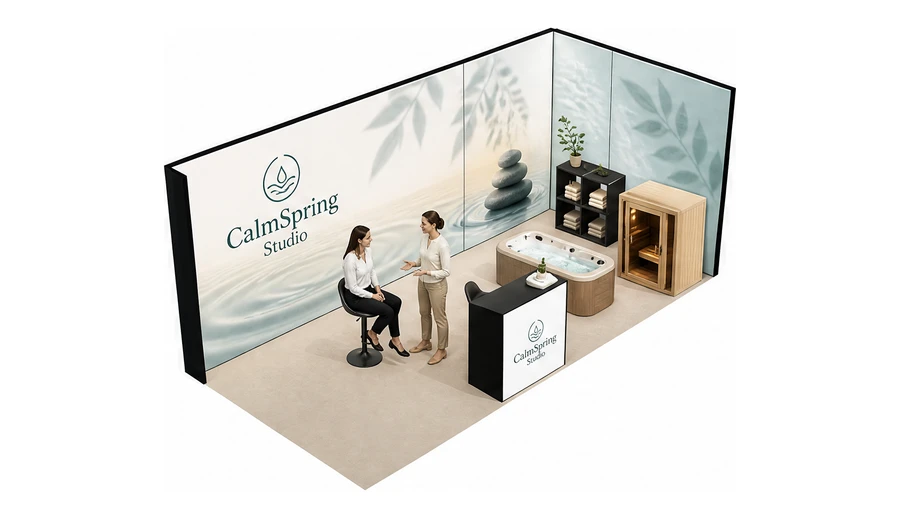 Stoisko 6 × 3 m narożne prawe dla branży spa i wellness, przykładowa marka CalmSpring Studio