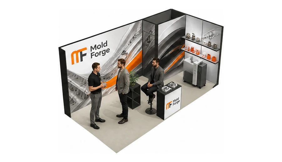 Stoisko 6 × 3 m narożne prawe dla branży przetwórstwo tworzyw, przykładowa marka Mold Forge