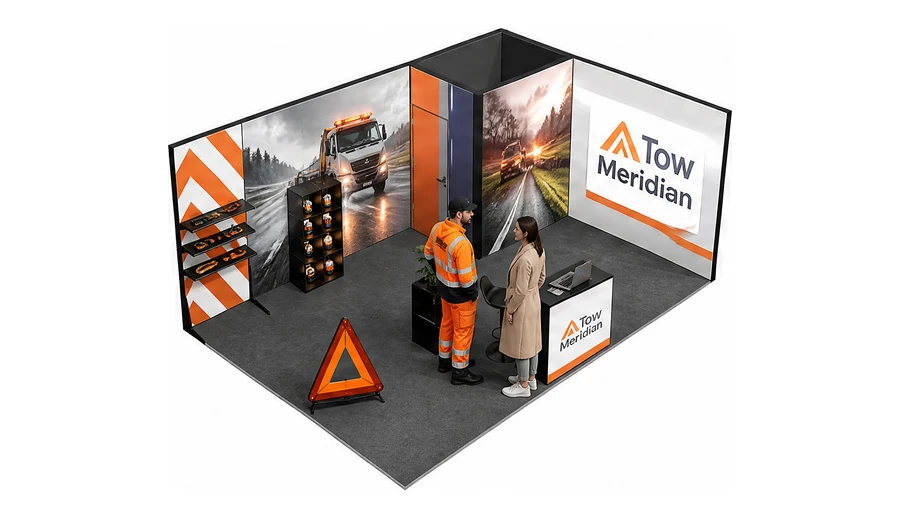 Stoisko 6 × 4 m narożne prawe dla branży pomoc drogowa i lawety, przykładowa marka Tow Meridian