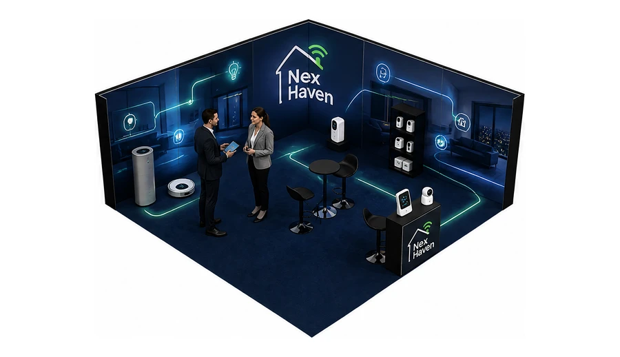 Stoisko 6 × 6 m narożne prawe dla branży smart home i IoT, przykładowa marka Nex Haven