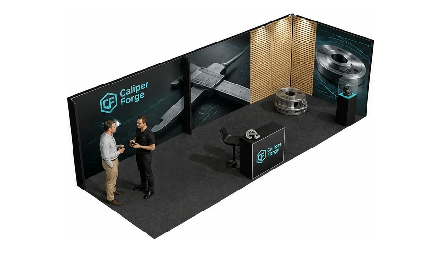 Stoisko 8 × 3 m narożne prawe dla branży technika pomiarowa, przykładowa marka Caliper Forge