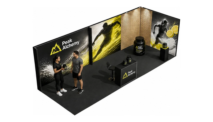 Stoisko 8 × 3 m narożne prawe dla branży suplementy diety, przykładowa marka Peak Alchemy