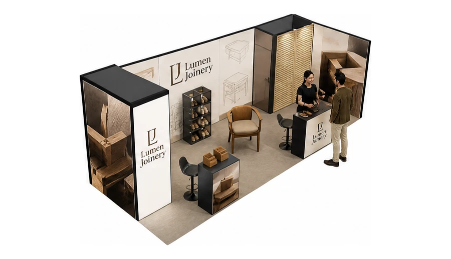 Stoisko 8 × 3 m narożne prawe dla branży meble designerskie, przykładowa marka Lumen Joinery