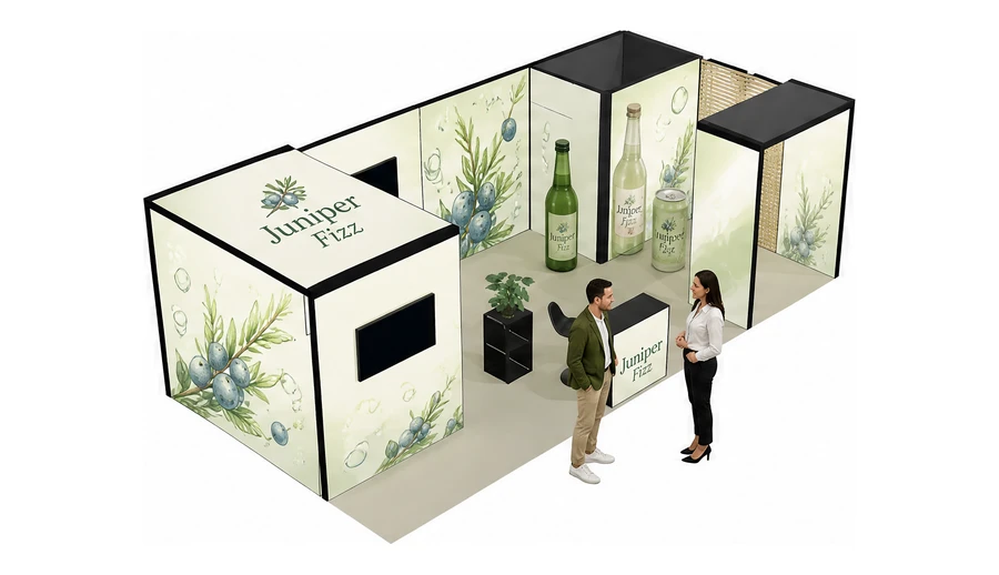 Stoisko 8 × 4 m narożne prawe dla branży napoje, przykładowa marka Juniper Fizz