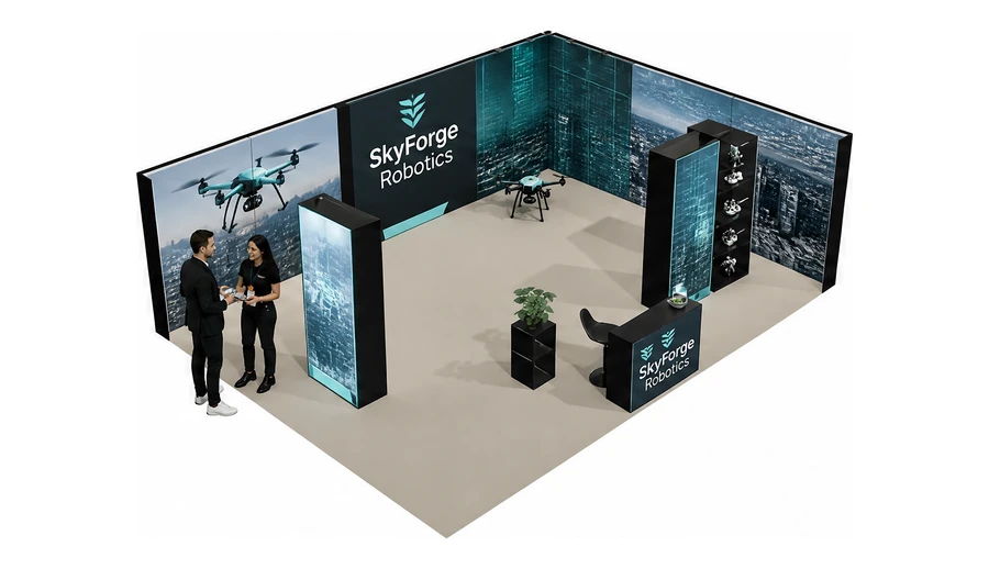 Stoisko 8 × 6 m narożne prawe dla branży drony i robotyka, przykładowa marka SkyForge Robotics