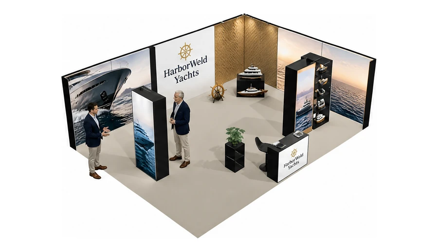 Stoisko 8 × 6 m narożne prawe dla branży jachty i łodzie, przykładowa marka HarborWeld Yachts