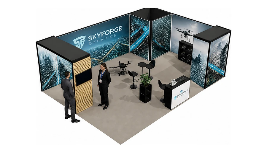 Stoisko 8 × 6 m narożne prawe dla branży drony i robotyka, przykładowa marka Skyforge Dynamics