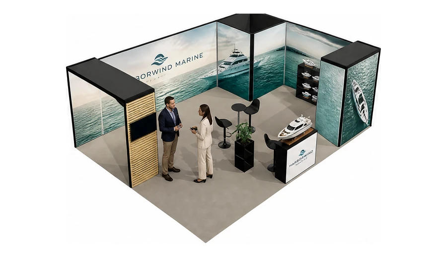 Stoisko 8 × 6 m narożne prawe dla branży jachty i łodzie, przykładowa marka Harborwind Marine