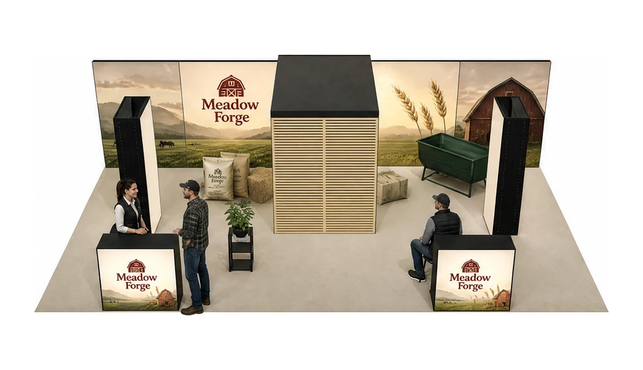 Stoisko 10 × 5 m półwyspowe dla branży hodowla i pasze, przykładowa marka Meadow Forge