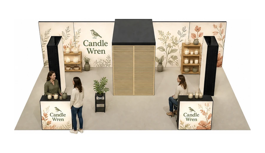 Stoisko 10 × 5 m półwyspowe dla branży dekoracje i upominki, przykładowa marka Candle Wren
