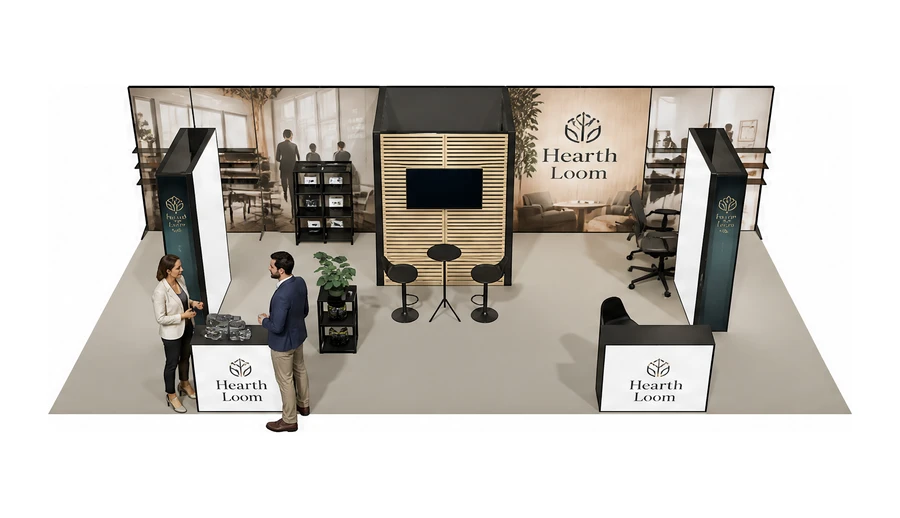 Stoisko 10 × 5 m półwyspowe dla branży meble biurowe, przykładowa marka Hearth Loom