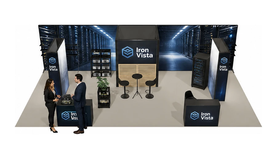Stoisko 10 × 5 m półwyspowe dla branży infrastruktura IT i data center, przykładowa marka Iron Vista